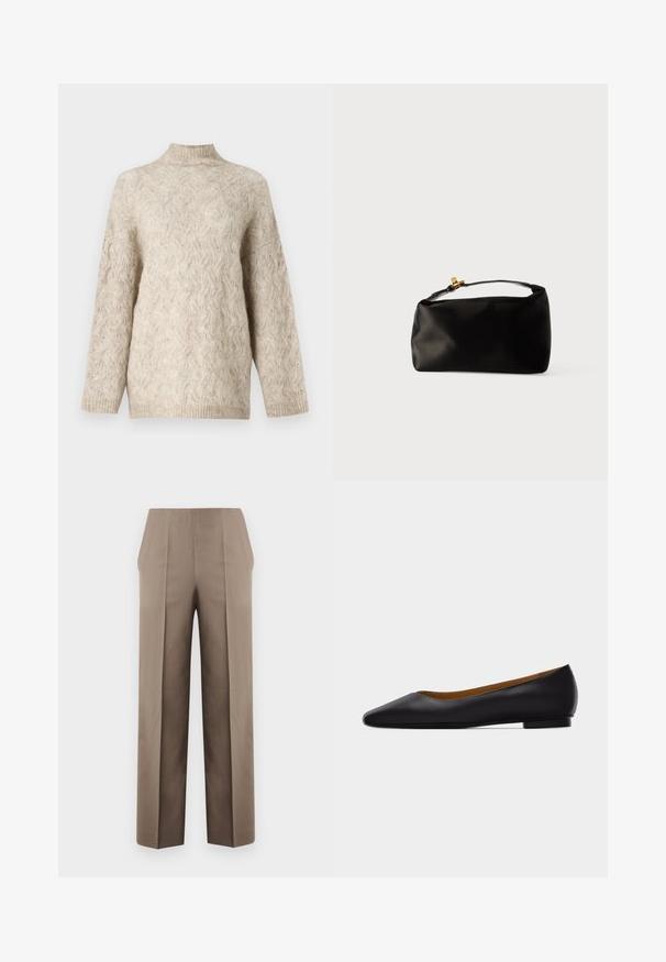 Beige strikket sweater med høj hals, der har et tekstureret kabelmønster og løse ærmer. Lavet af blødt, fluffy garn.; Beige højtaljede bukser med skræddersyet pasform, der har to frontfals, lige ben-design og rene, udekorerede linjer.; Sort læder flad sko med spids tå, lav hæl og glat finish, vist fra siden på en lysegrå baggrund.; Sort satinpung med en afrundet form, et håndtag i toppen og en guldaccentlås. Glat tekstur med et minimalistisk design.