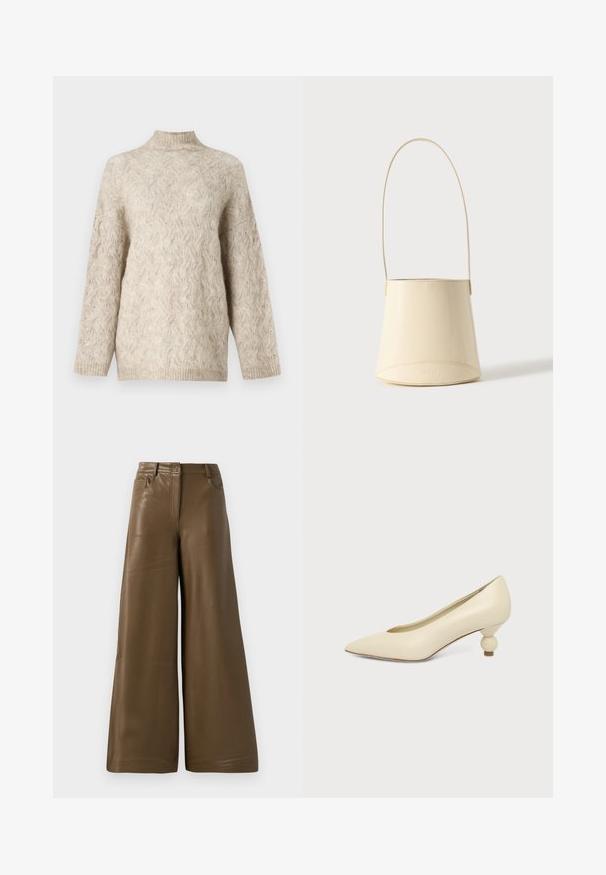 Pull en tricot beige avec un col montant, présentant un motif de câble texturé et des manches amples. Fabriqué à partir d'un fil doux et duveteux.; Pantalons à jambes larges en simili cuir marron lisse. Présentent une taille haute, quatre poches et une fermeture éclair sur le devant. Texture plate et design minimaliste.; Chaussure femme couleur crème à bout pointu avec un petit talon rond en forme de boule, sur fond uni.; Sac à main seau en cuir lisse couleur crème avec une longue bandoulière et un nom de marque discrètement embossé sur fond uni.