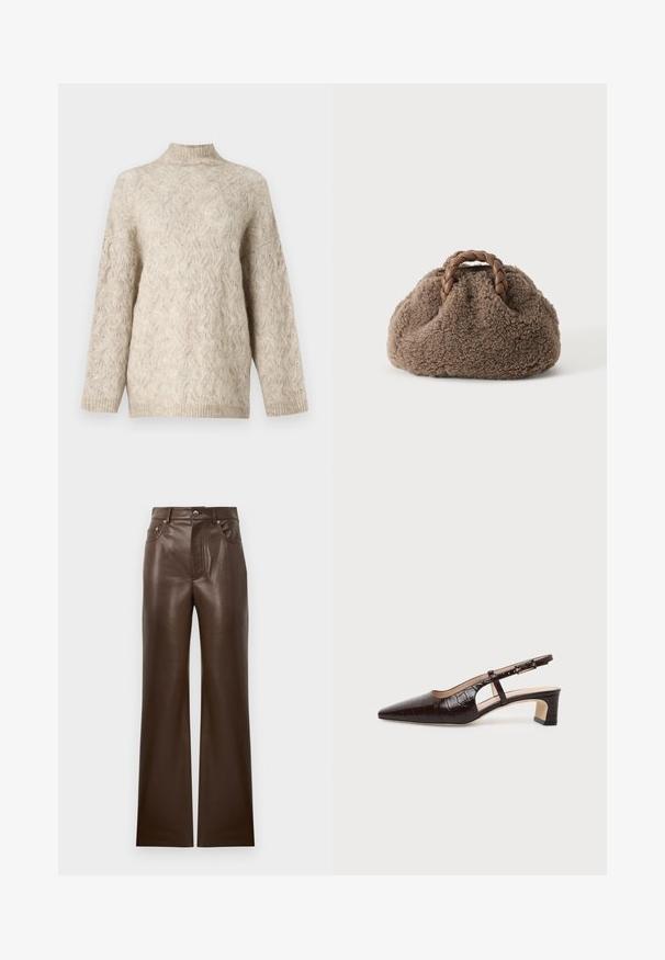 Beige strikket sweater med høj hals, der har et tekstureret kabelmønster og løse ærmer. Lavet af blødt, fluffy garn.; Brune læderflarede bukser med en glat tekstur, fem-lomme design, lynlås foran og metalknaplukning, der har en høj talje.; Mørkebrune slingback sko i krokodillelæder med spids tå, lav blokhæl og justerbar rem med guldfarvet spænde.; Lille brun, fluffy håndtaske med flettede læderhåndtag på en ensfarvet lys baggrund.