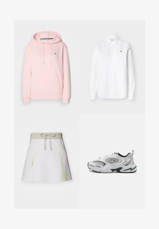 Sudadera rosa clara hecha de tela suave, con un bolsillo tipo canguro, capucha ajustable con cordón y un pequeño logo de cocodrilo verde en el pecho.; Camisa blanca de manga larga con botones y cuello, con un pequeño logo de cocodrilo verde en el pecho izquierdo.; Skort blanco con una cinturilla elástica beige y cordón. Presenta acentos laterales en neón amarillo y pliegues. Logo de Lacoste en la parte inferior izquierda.; Zapatillas deportivas blancas con paneles de malla, acentos en negro y una suela texturizada. Presentan un diseño elegante y un logotipo prominente en el lateral.