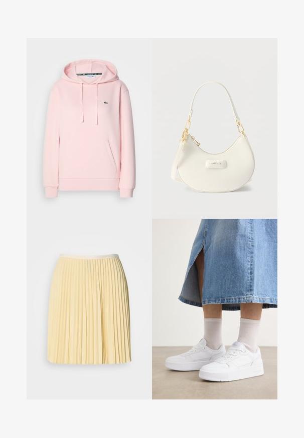 Sudadera rosa clara hecha de tela suave, con un bolsillo tipo canguro, capucha ajustable con cordón y un pequeño logo de cocodrilo verde en el pecho.; Falda plisada de color amarillo pálido con una cinta en la cintura que presenta el logo de Lacoste. Fabricada en material ligero, tiene un diseño fluido y una textura suave.; Zapatillas blancas de cuero texturizado con suela de plataforma, punta redonda y sistema de cordones; combinadas con calcetines cortos de color gris claro y una falda de mezclilla.; Bolso de hombro blanco con forma de media luna, con herrajes en tono dorado, cierre de cremallera y logo "LACOSTE" en el panel frontal.