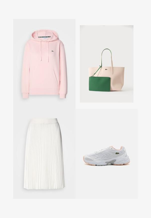 Sudadera rosa clara hecha de tela suave, con un bolsillo tipo canguro, capucha ajustable con cordón y un pequeño logo de cocodrilo verde en el pecho.; Falda blanca plisada con una cinturilla suave, diseño a la altura de la rodilla, que presenta una textura fluida y pliegues verticales consistentes.; Zapatilla deportiva blanca con parte superior de malla texturizada, acentos en rosa y suela gris. Presenta un logo verde en el lateral y ojales de cordones redondos.; Bolsa tote beige con asas largas y una pequeña bolsa verde con cremallera desmontable unida a una asa, mostrada sobre un fondo liso.