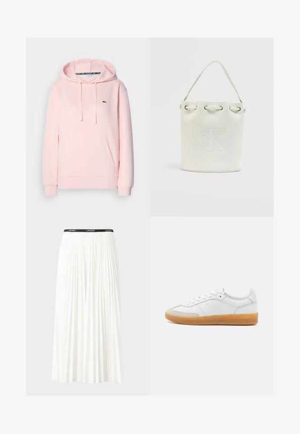 Sudadera rosa clara hecha de tela suave, con un bolsillo tipo canguro, capucha ajustable con cordón y un pequeño logo de cocodrilo verde en el pecho.; Falda blanca plisada con una cinturilla elástica negra que presenta el logotipo "LACOSTE". Diseño de longitud media con textura suave.; Zapatilla de cuero blanca con acentos de ante beige, suela de goma y diseño de cordones. Presenta un sutil logo en dorado.; Bolso tipo cubo blanco con asa corta, ojales plateados y logo "cK" en relieve en el frente.