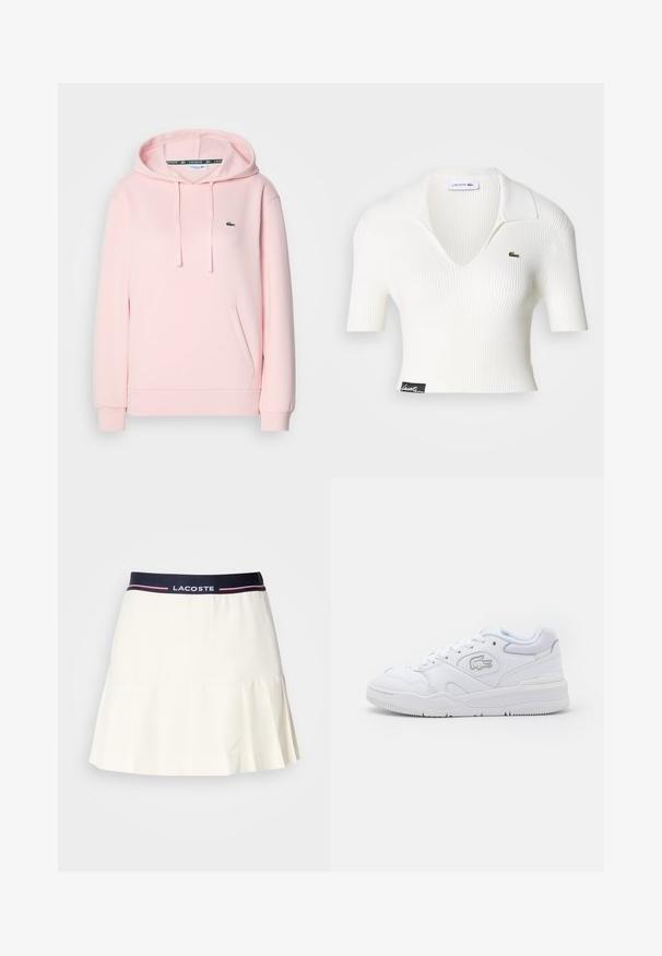 Sudadera rosa clara hecha de tela suave, con un bolsillo tipo canguro, capucha ajustable con cordón y un pequeño logo de cocodrilo verde en el pecho.; Camisa polo corta de rayas blanca con cuello en V, mangas cortas y un logo de cocodrilo verde de Lacoste en el lado izquierdo del pecho. Etiqueta negra en el dobladillo.; Falda blanca plisada con una cinturilla azul marino que presenta un logo de Lacoste y acentos rojos. Fabricada con un material suave y liso.; Zapatilla blanca de cuero liso, con una suela ligeramente elevada, puntera perforada y un acento de logo plateado en el lateral.