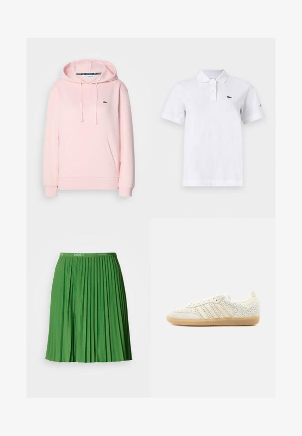 Lichtroze hoodie gemaakt van zachte stof, met een kangoeroezak, verstelbare trekkoordcapuchon en een klein groen krokodillenlogo op de borst.; Witte polo met korte mouwen, twee knopen, een klein groen krokodillenlogo op de linkerborst en een subtiel zwart logo op de linkermouw.; Groene geplooide rok met een elastische tailleband met het Lacoste-logo. Gemaakt van glad materiaal, heeft het duidelijke verticale plooien en een lengte tot de knieën.; Witte lage sneaker met gestructureerde geweven stof, beige leren strepen en een buitenzool van gums rubber, weergegeven vanuit de buitenzijde op een effen achtergrond.
