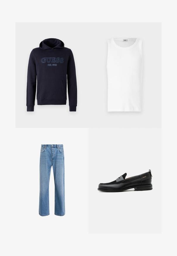 Marineblå hoodie lavet af blødt stof, med en kængurulomme, ribbede ærmer og broderet "GUESS EST.1981" logo på forsiden.; Hvid bomulds tanktop uden ærmer med rund halsudskæring og en glat tekstur. Enkel design, ingen mønstre eller accenter.; Lyseblå denim jeans med lige ben-design, fem lommer, knaplukning, minimal falming og kontraststingdetaljer.; Sort læderloafer med grå remdetalje, lav hæl og tekstureret sål, mærket med "HUGO" i guld på siden.