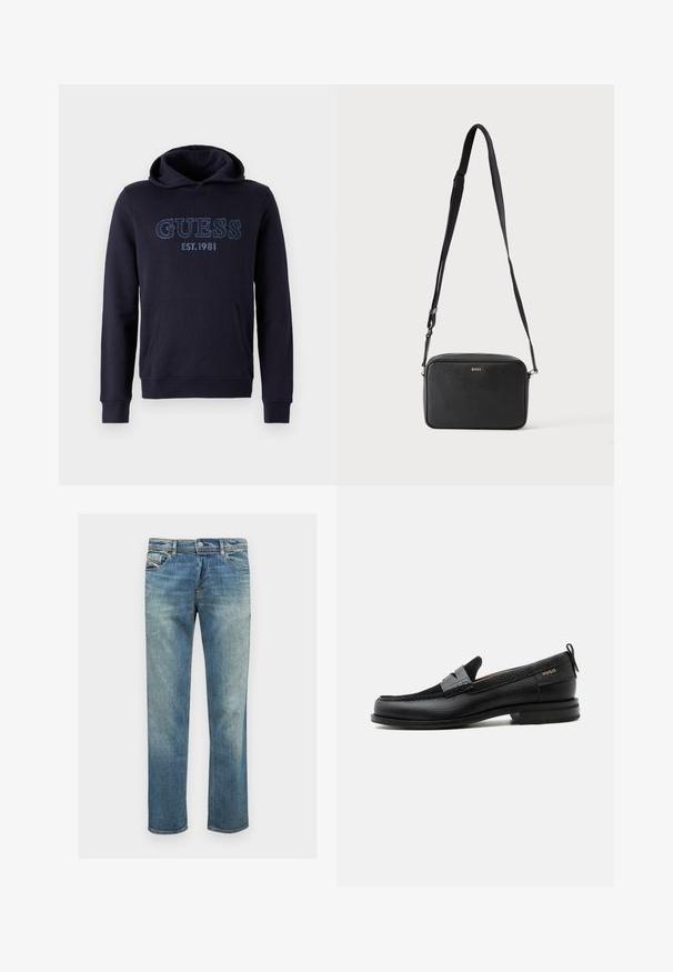 Marineblauwe hoodie gemaakt van zachte stof, met een kangoeroezak, ribgebreide manchetten en geborduurd "GUESS EST.1981" logo op de voorkant.; Blauwe denim jeans met een rechte fit, voorzien van een lichte wassing, vijf zakken, subtiele stiksels en een knopen- en ritsluiting.; Zwarte leren loafer met grijs riemdetailelement, lage hak en gestructureerde zool, aan de zijkant gebrandmerkt met "HUGO" in goud.; Zwarte rechthoekige crossbodytas met verstelbare band en BOSS-logo aan de voorkant, tegen een effen lichte achtergrond.