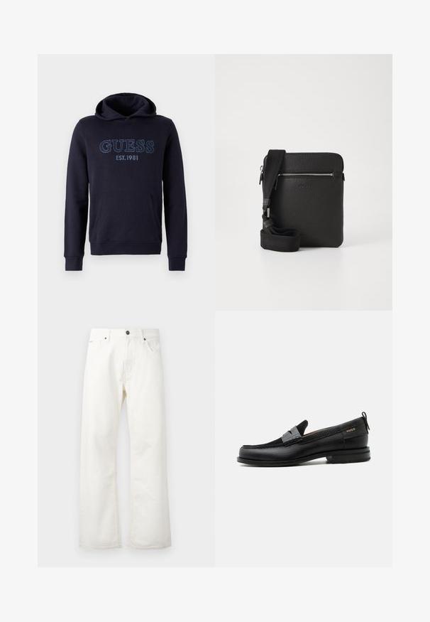 Marineblauwe hoodie gemaakt van zachte stof, met een kangoeroezak, ribgebreide manchetten en geborduurd "GUESS EST.1981" logo op de voorkant.; Witte uitlopende jeans gemaakt van denim, met een standaard tailleband, voorzakken en een knoopsluiting. Getextureerde stof met een schone afwerking.; Zwarte leren loafer met grijs riemdetailelement, lage hak en gestructureerde zool, aan de zijkant gebrandmerkt met "HUGO" in goud.; Zwarte leren schoudertas met een gestructureerd oppervlak, een ritsvak aan de voorkant en een verstelbare stoffen schouderband. Eenvoudig vierkant ontwerp.
