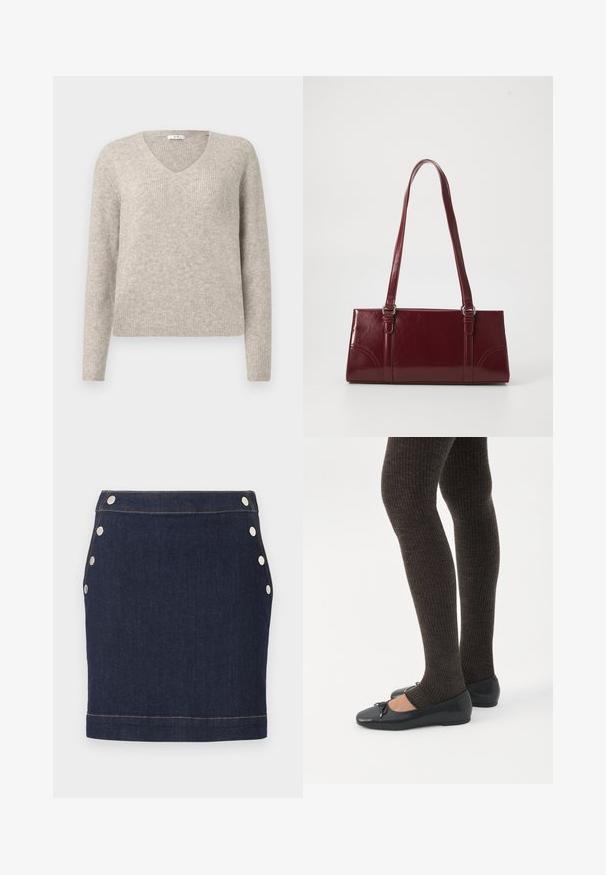 Pull en maille côtelée beige avec des manches longues et un col en V, présenté sur un fond clair uni.; Mini-jupe en denim bleu foncé avec six boutons-pression argentés, trois de chaque côté, et une couture visible marron clair à la taille et à l'ourlet.; Jambes portant des leggings côtelés foncés associés à des ballerines noires avec de petits détails en nœud sur fond blanc.; Sac à main bordeaux en matériau brillant, de forme rectangulaire, avec deux anses et des accents légèrement courbés à l'avant.