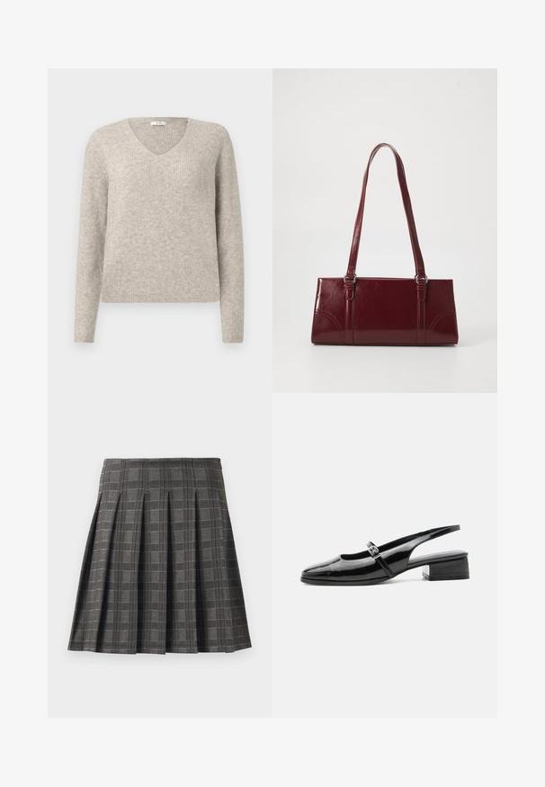 Pull en maille côtelée beige avec des manches longues et un col en V, présenté sur un fond clair uni.; Jupe plissée à motif écossais gris, fabriquée à partir d'un tissu texturé. Elle présente des plis verticaux et un ourlet droit.; Chaussure slingback en cuir verni noir avec un petit talon bloc et une fine bride avec une boucle argentée sur le dessus.; Sac à main bordeaux en matériau brillant, de forme rectangulaire, avec deux anses et des accents légèrement courbés à l'avant.
