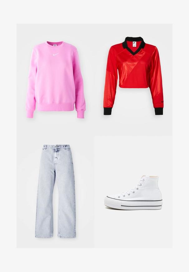 Roosa sweatshirt pehmest kangast, ribadega varrukate ja äärega. Rinnal väike valge Nike logo. Ümmargune kaelus.; Punane lühikeste varrukate sporditopp musta kraega, pikkade varrukatega, tekstuurse mustriga ja Nike logo käisel. Sile ja läikiv kangas.; Heledad sinised laiad säärised teksad kõrge vöökoha, nupuga kinnituse ja viie tasku disainiga. Pehme tekstuur ja nähtavad õmblemise detailid.; Valged kõrged tossud, millel on tekstiilmaterjal, must kummist tallat ja kontrastne must riba keskosas. Ümar varbakiht ja nöörimise disain.