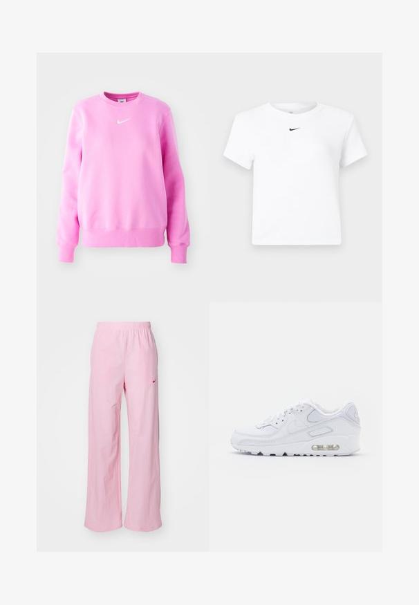 Roosa sweatshirt pehmest kangast, ribadega varrukate ja äärega. Rinnal väike valge Nike logo. Ümmargune kaelus.; Valge lühikeste varrukatega Nike lühike t-särk, millel on väike must Nike logo kaeluse all keskel.; Roosa elastse taljega püksid rahuliku istuvusega. Vasakul küljel on punane logo ja sile, kerge tekstuur.; Nike Sportswear AIR MAX 90 - Tossud - white/metallic gold