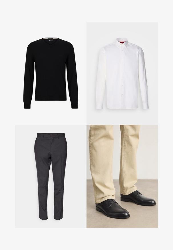 Suéter negro de punto con mangas largas y escote en V. Presenta un sutil logo en el frente y puños y dobladillo acanalados. Textura suave.; Camisa blanca de manga larga hecha de algodón, con un collar clásico, placket frontal con botones y una textura suave. Detalle interior del collar en rojo.; Pantalones grises ajustados con una textura suave, corte slim y piernas entalladas, con un frente plano y lazos para cinturón como detalle adicional.; Zapatos de cuero negro con cordones, puntera redondeada, acabado suave y sutiles detalles de costura, combinados con pantalones de color beige claro.