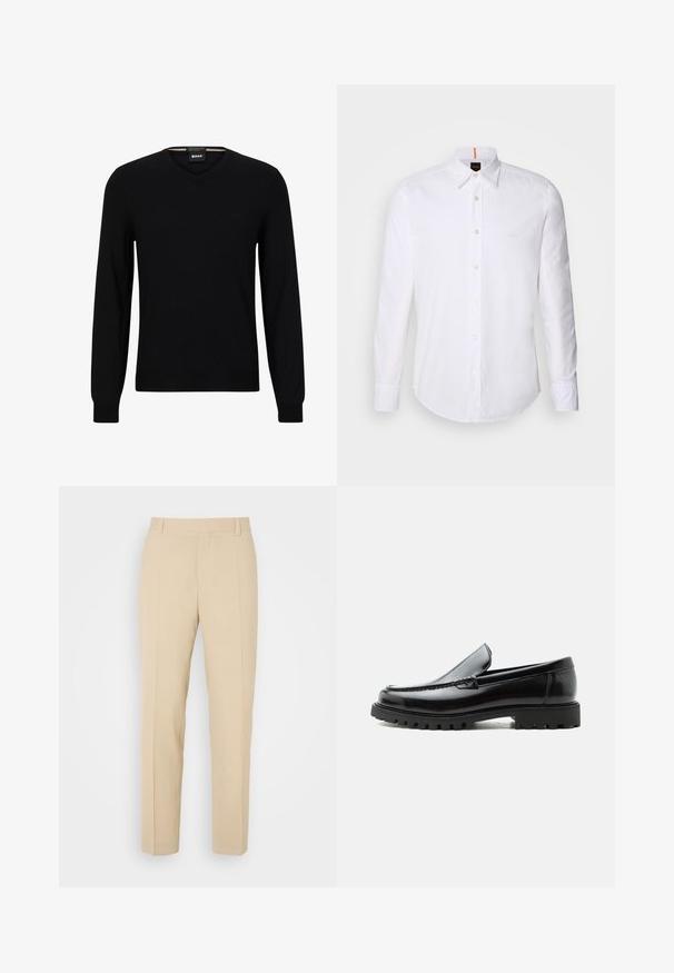 Suéter negro de punto con mangas largas y escote en V. Presenta un sutil logo en el frente y puños y dobladillo acanalados. Textura suave.; Camisa blanca de manga larga y corte clásico, hecha de algodón, que presenta un cuello clásico, un logo sutil cerca del pecho y botones blancos.; Pantalones de color beige ajustados con un diseño de pierna recta, elaborados en una tela ligera, que presentan dos bolsillos frontales y pliegues bien planchados.; Mocasín de cuero negro con suela de goma gruesa, empeine cosido y nombre de la marca en relieve en el talón, mostrado en perfil lateral sobre fondo blanco.