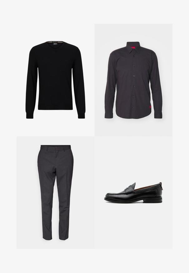 Suéter negro de punto con mangas largas y escote en V. Presenta un sutil logo en el frente y puños y dobladillo acanalados. Textura suave.; Camisa negra de manga larga hecha de algodón, con cuello tipo punta, botonadura frontal y un acento rojo en el interior del cuello. Tejido texturizado sin patrones.; Pantalones grises ajustados con una textura suave, corte slim y piernas entalladas, con un frente plano y lazos para cinturón como detalle adicional.; Mocasín de hombre de piel negra con costura moc toe, tira penny, cuello texturizado y tacón bajo apilado sobre fondo blanco.