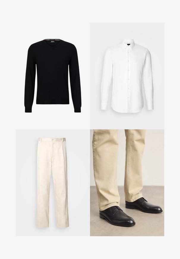 Suéter negro de punto con mangas largas y escote en V. Presenta un sutil logo en el frente y puños y dobladillo acanalados. Textura suave.; Camisa blanca de manga larga, con cierre de botones en el frente, cuello clásico, confeccionada con una tela suave con una textura sutil, diseñada para un ajuste entallado.; Pantalones de algodón beige con corte recto, que cuentan con un cierre de botón y pliegues en la parte frontal para un detalle adicional.; Zapatos de cuero negro con cordones, puntera redondeada, acabado suave y sutiles detalles de costura, combinados con pantalones de color beige claro.