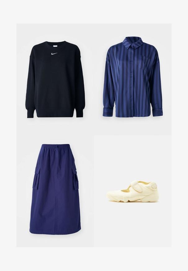 Sudadera negra hecha de una mezcla de algodón; cuello redondo ribeteado, mangas largas y puños elásticos; presenta un pequeño logo plateado de Nike en el pecho.; Camisa a rayas azul marino con cuello, bolsillo en el pecho y mangas largas. Confeccionada en una tela suave y brillante con un corte holgado.; Falda azul marino de longitud media con una cinturilla elástica, que presenta dos bolsillos laterales tipo cargo y un detalle de logotipo minimalista. Textura de tela suave.; Zapatilla deportiva beige con suela gruesa, diseño con recortes y dos correas ajustables de velcro sobre fondo blanco.