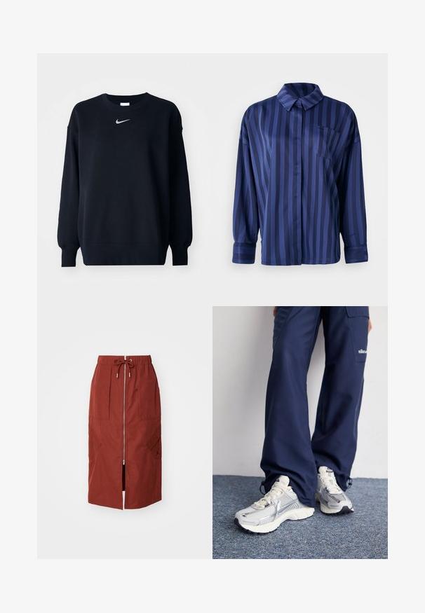 Čierna mikina vyrobená z bavlnenej zmesi; rebrovaný okrúhly výstrih, dlhé rukávy a elastické manžety; s malým strieborným logom Nike na hrudi.; Námornícky modrá pruhovaná košeľa s golierom, vreckom na hrudi a dlhými rukávmi. Vyrobené z hladkej, lesklej tkaniny s voľným strihom.; Sukňa strednej dĺžky v terakotovo červenej farbe, s predným zipsom, elastickým pásom so šnúrkou a bočnými vreckami s geometrickým dizajnom.; Športové topánky Nike s strieborným sieťovaným zvrškom, bielymi detailmi a textúrovanými podrážkami, skombinované s voľnými námorníckymi nohavicami.