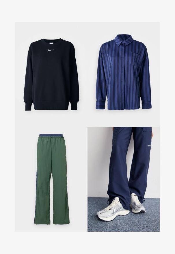 Sort sweatshirt lavet af bomuldsblanding; ribbet rund hals, lange ærmer og elastiske manchetter; har et lille sølvfarvet Nike-logo på brystet.; Mørkeblå stribet skjorte med krave, brystlomme og lange ærmer. Lavet af et glat, skinnende stof med en løs pasform.; Grønne atletikbukser med bred benstil, der har en marineblå linning og sidelæg, lavet af let, tekstureret stof.; Nike sportssko med en sølvfarvet mesh-overdel, hvide detaljer og strukturerede såler, parret med løstsiddende navy bukser.
