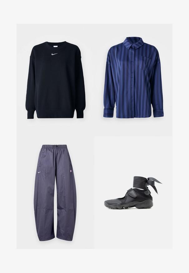 Sort sweatshirt lavet af bomuldsblanding; ribbet rund hals, lange ærmer og elastiske manchetter; har et lille sølvfarvet Nike-logo på brystet.; Mørkeblå stribet skjorte med krave, brystlomme og lange ærmer. Lavet af et glat, skinnende stof med en løs pasform.; Løse mørkegrå Nike træningsbukser med elastisk taljebånd, sidelommer og et lille pink logo på højre lår.; Sort atletiksko med udskæringer, velcrolukninger og ankelrem bundet i en sløjfe, vist fra siden på en hvid baggrund.