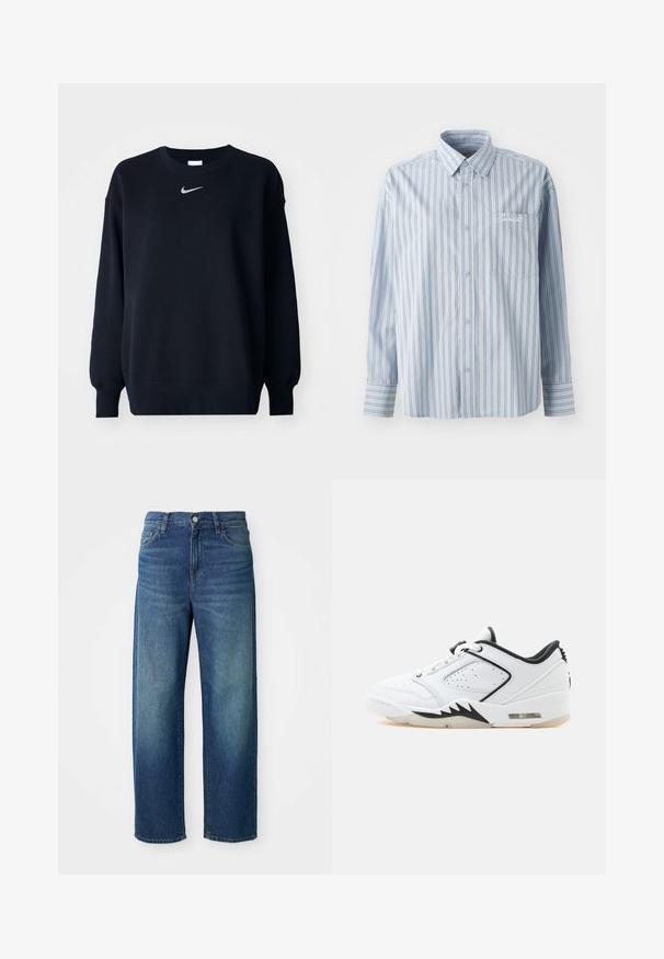 Sudadera negra hecha de una mezcla de algodón; cuello redondo ribeteado, mangas largas y puños elásticos; presenta un pequeño logo plateado de Nike en el pecho.; Camisa de botón de manga larga azul claro con rayas verticales blancas y oscuras, y un bolsillo en el pecho delantero que presenta bordado en blanco.; Vaqueros de mezclilla azul, diseño de pierna ancha, cintura de medio tiro, desgaste sutil, estilo de cinco bolsillos, con cierre de botón y cremallera, dobladillo recto.; Zapatilla blanca de corte bajo con detalles negros, panel lateral perforado, suela con almohadilla de aire y cierre con cordones sobre un fondo blanco liso.