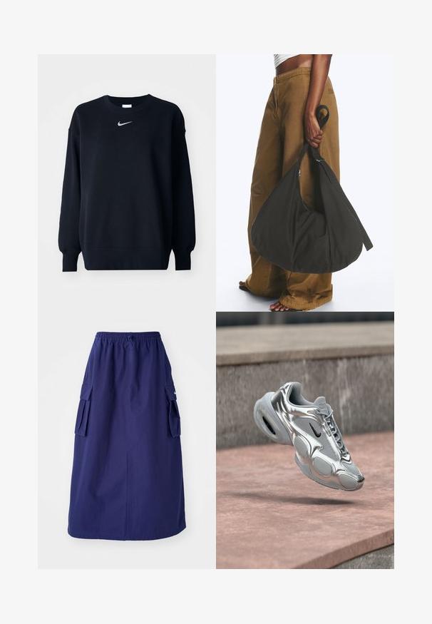 Sudadera negra hecha de una mezcla de algodón; cuello redondo ribeteado, mangas largas y puños elásticos; presenta un pequeño logo plateado de Nike en el pecho.; Falda azul marino de longitud media con una cinturilla elástica, que presenta dos bolsillos laterales tipo cargo y un detalle de logotipo minimalista. Textura de tela suave.; Zapatilla Nike Air plateada y gris con el logo negro flotando sobre una superficie de cemento rosada y un fondo de repisa de piedra.; Persona con pantalones marrones de pata ancha y top blanco sosteniendo un gran bolso negro blando por la correa a su lado.