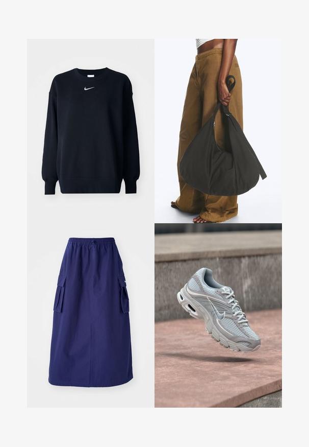 Sort sweatshirt lavet af bomuldsblanding; ribbet rund hals, lange ærmer og elastiske manchetter; har et lille sølvfarvet Nike-logo på brystet.; Marineblå, mellemlang nederdel med elastisk talje, der har to sidelommer og et minimalistisk logodesign. Glat stofstruktur.; Lysegrå og hvid Nike-løbesko med mesh og polstret sål, vist i luften mod en baggrund af betontrapper.; Person iført brune vidde bukser og hvid top holder en stor sort blød håndtaske i remmen ved siden.