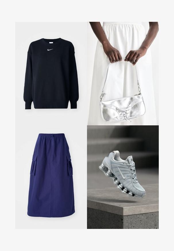 Sort sweatshirt lavet af bomuldsblanding; ribbet rund hals, lange ærmer og elastiske manchetter; har et lille sølvfarvet Nike-logo på brystet.; Marineblå, mellemlang nederdel med elastisk talje, der har to sidelommer og et minimalistisk logodesign. Glat stofstruktur.; Lysegrå Nike løbesko med polstret, fjedrelignende sål svævende over en betonliste, sløret trappebaggrund.; Sølvmetallic håndtaske med snøredetaljer, der har et slankt design og en kort strop. Tasken holdes i hænderne for at fremvise dens tekstur.