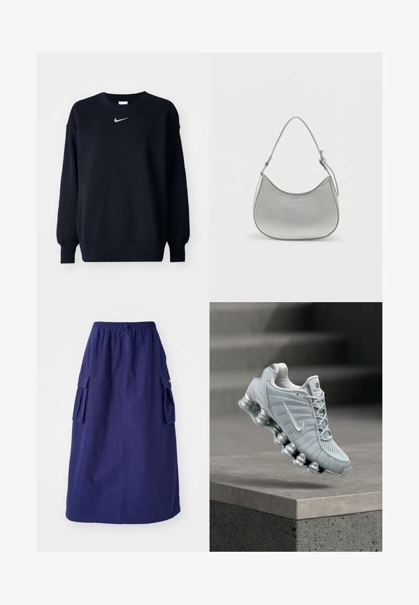 Sudadera negra hecha de una mezcla de algodón; cuello redondo ribeteado, mangas largas y puños elásticos; presenta un pequeño logo plateado de Nike en el pecho.; Falda azul marino de longitud media con una cinturilla elástica, que presenta dos bolsillos laterales tipo cargo y un detalle de logotipo minimalista. Textura de tela suave.; Zapatilla de running Nike de color gris claro con suela acolchada tipo muelle flotando sobre un borde de hormigón, fondo con escaleras desenfocadas.; Bolso de mano de imitación cuero plateado con forma curva, correa corta ajustable y textura suave, que presenta un detalle de costura minimalista.