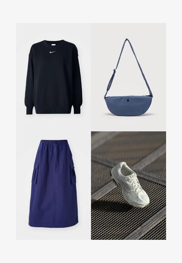 Mustmust valmistatud puuvilla segust; soonikuga ümmargune kaelus, pikkade varrukatega ja elastsete mansettidega; rinnal on väike hõbedane Nike logo.; Tumedat sinine, keskpikk seelik elastse vöökohtaga, millel on kaks külgmist cargo-taskut ja minimaalne logo detail. Sile kangastekstuud.; Valge Nike jooksutoss, millel on võrgust ja sünteetilisest materjalist ülemine osa, puhates metallvõrgust põrandal pehmes looduslikus valguses.; Sinine poolkuu kujuline risti kantav käekott reguleeritava rihma ja pealt tõmblukuga, esitletud tavalise heleda tausta ees.