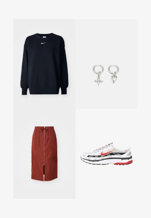 Sudadera negra hecha de una mezcla de algodón; cuello redondo ribeteado, mangas largas y puños elásticos; presenta un pequeño logo plateado de Nike en el pecho.; Falda de longitud media en rojo terracota, con cremallera frontal, cinturilla elástica con cordón ajustable y bolsillos laterales con un diseño geométrico.; Zapatillas deportivas en blanco y negro con detalles en rojo y dorado. Presentan una parte superior de malla, una suela acolchada y un diseño de cierre con cordones seguro.; Pendientes de aro de plata con un charm de cruz y corazón. Textura suave y brillante con un acabado pulido. Cada charm cuelga de un lazo seguro.