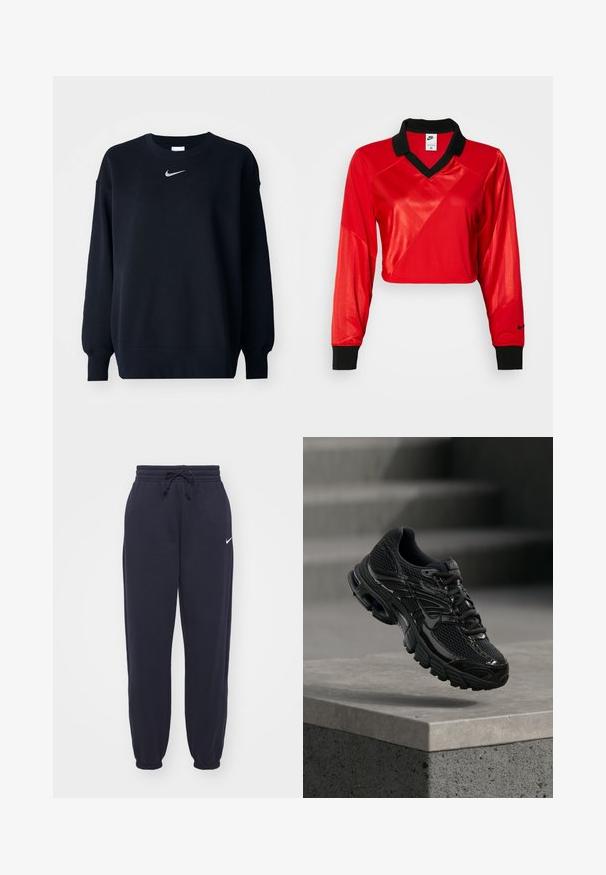 Sudadera negra hecha de una mezcla de algodón; cuello redondo ribeteado, mangas largas y puños elásticos; presenta un pequeño logo plateado de Nike en el pecho.; Top deportivo corto rojo con cuello negro, mangas largas, con un patrón texturizado y el logo de Nike en la manga. Tejido suave y brillante.; Pantalones de chándal Nike en azul marino, hechos de un material suave. Cuenta con una cintura elástica con cordón y tobillos ajustados. Pequeño acento con el logo blanco.; Zapatilla de running negra de Nike con parte superior de malla y sintética flotando sobre una superficie de hormigón y escalones de fondo.