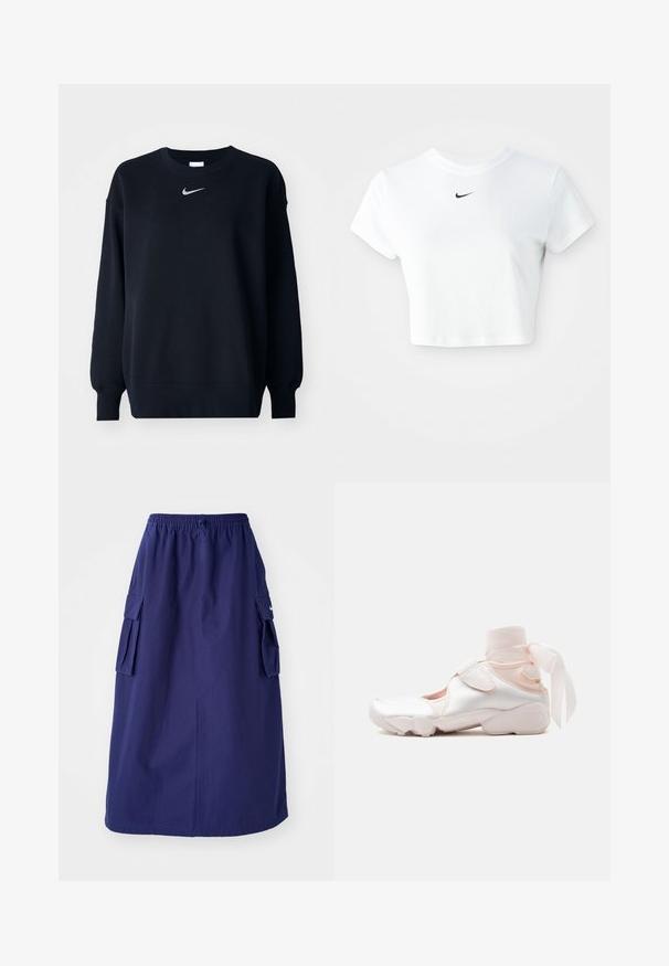 Sort sweatshirt lavet af bomuldsblanding; ribbet rund hals, lange ærmer og elastiske manchetter; har et lille sølvfarvet Nike-logo på brystet.; Hvid kortærmet t-shirt lavet af bomuld, med korte ærmer og rund halsudskæring, og med et sort Nike-logo på brystet.; Marineblå, mellemlang nederdel med elastisk talje, der har to sidelommer og et minimalistisk logodesign. Glat stofstruktur.; Hvid og lyserød sneaker med blødt stofankelomslag bundet i en sløjfe, med justerbar rem og rundet sål.