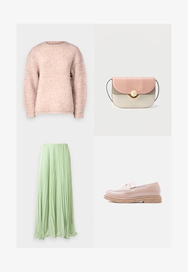 Pull léger rose fabriqué en tissu doux et texturé. Il possède un col rond et de longues manches légèrement bouffantes. L'ourlet est à côtes.; Jupe longue plissée vert clair avec un tissu fluide et une taille élastique, présentée sur un fond blanc.; Mocassin rose pâle brillant avec une semelle texturée beige et une bride assortie sur le dessus, présenté en profil latéral sur un fond clair.; Sac à main en cuir avec rabat texturé rose, corps crème, ferrures dorées et fermeture courbée. Dispose d'une fine bandoulière.