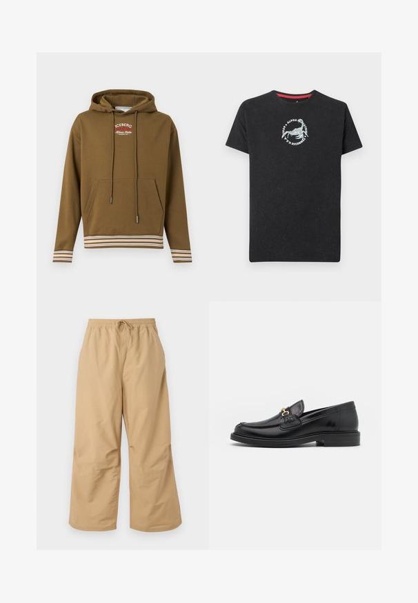 Sweat à capuche marron avec poche avant, capuche à cordon, poignets et ourlet rayés blancs et marron, et logo "ICEBERG Milano Italia" blanc et rouge sur la poitrine.; T-shirt noir à manches courtes avec un motif circulaire blanc de scorpion et le texte "Alpha Industries 1959 Tennessee U.S.A." sur la poitrine.; Pantalons larges beiges en tissu léger, avec une taille élastique dotée d'un cordon de serrage et des accents cousus près de l'ourlet.; Mocassins en cuir noir avec un embout rond, présentant des accents en métal doré et des détails de couture, montés sur une semelle en caoutchouc texturé et basse.