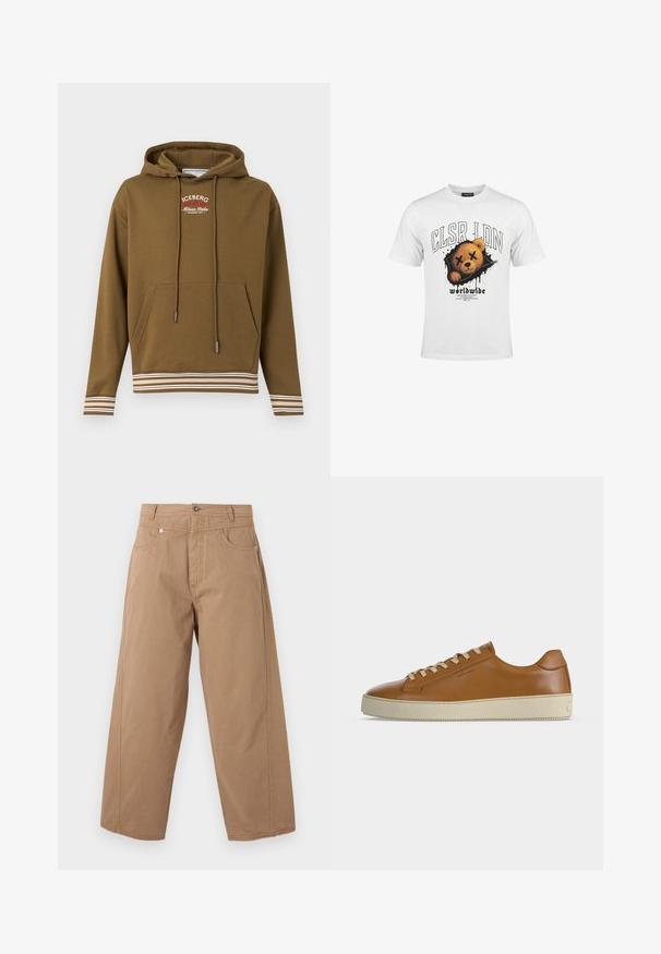 Sweat à capuche marron avec poche avant, capuche à cordon, poignets et ourlet rayés blancs et marron, et logo "ICEBERG Milano Italia" blanc et rouge sur la poitrine.; T-shirt blanc avec un dessin d'un visage d'ours en peluche aux yeux barrés et le texte "CLSR LDN" et "worldwide" en dessous.; Pantalon beige à jambes larges avec fermeture à boutons et zip à l'avant, deux poches avant, et coutures visibles sur fond blanc.; Baskets basses en cuir marron avec lacets crème et semelle épaisse en caoutchouc crème, vues de profil sur fond blanc.