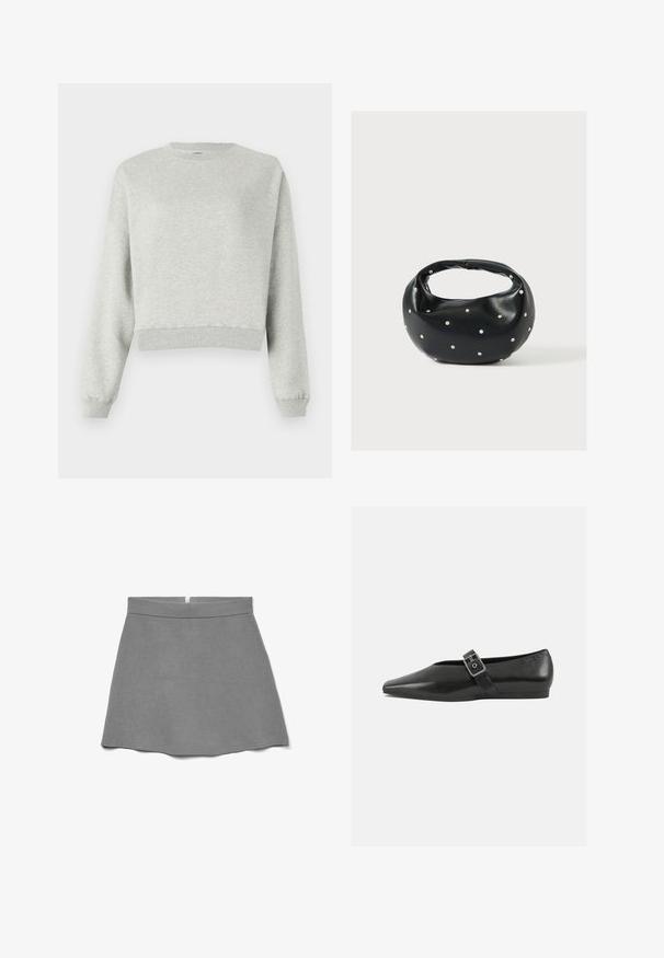 Grauer Sweatshirt aus weichem, strukturiertem Stoff. Mit Rundhalsausschnitt, langen Ärmeln und cropped Saum. Einfaches Design, keine Muster oder Akzente.; Grauer Rock aus weichem Stoff, mit hoher Taille, ausgestellter Form und einem verdeckten Reißverschluss hinten.; Schwarze Lederflachschuhe mit spitzem Zehenbereich, ausgestattet mit einem metallischen Riemen über dem Spann und einer niedrigen, flexiblen Sohle.; Schwarze Lederhandtasche mit abgerundeter Form, verziert mit silbernen Nietenakzenten und kurzem Griff. Glatte Struktur und Reißverschlussverschluss.