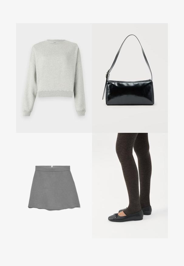 Grauer Sweatshirt aus weichem, strukturiertem Stoff. Mit Rundhalsausschnitt, langen Ärmeln und cropped Saum. Einfaches Design, keine Muster oder Akzente.; Grauer Rock aus weichem Stoff, mit hoher Taille, ausgestellter Form und einem verdeckten Reißverschluss hinten.; Beine in dunklen, gerippten Leggings kombiniert mit schwarzen Ballerinas mit kleinen Schleifendetails auf weißem Hintergrund.; Schwarze rechteckige Schultertasche mit einem verstellbaren Riemen und einem oberen Reißverschluss vor einfachem Hintergrund.