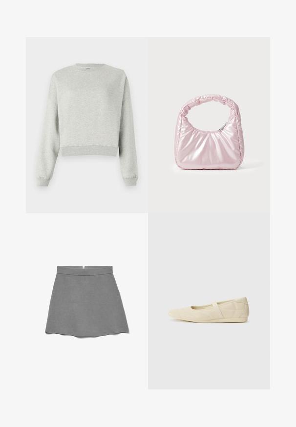 Grauer Sweatshirt aus weichem, strukturiertem Stoff. Mit Rundhalsausschnitt, langen Ärmeln und cropped Saum. Einfaches Design, keine Muster oder Akzente.; Grauer Rock aus weichem Stoff, mit hoher Taille, ausgestellter Form und einem verdeckten Reißverschluss hinten.; Beige Ballerinas aus glattem Leder mit mandelförmiger Zehenpartie und elastischem Riemen über dem Fußrücken, ausgestattet mit dezenten Nähtelementen.; Rosa, gepolsterte Handtasche mit abgerundeter Form, aus glänzendem Material gefertigt. Verfügt über einen gerafften Griff und einen Reißverschluss für sicheren Zugang.