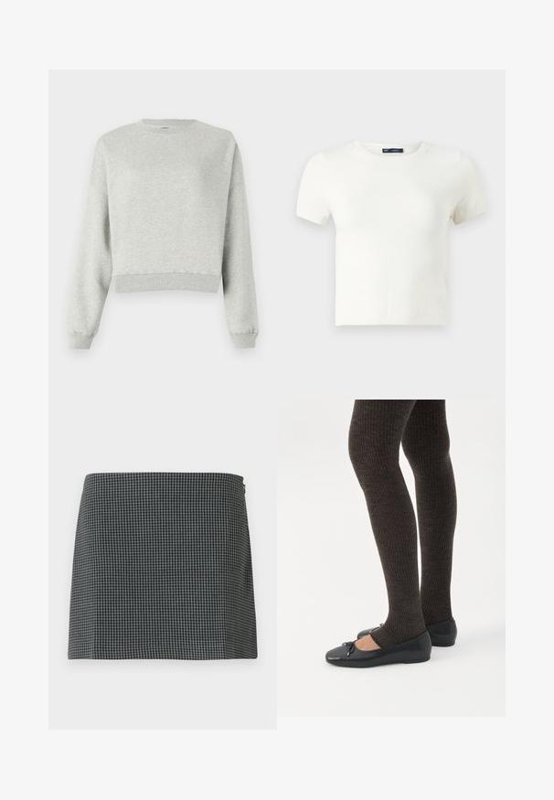 Grijze sweatshirt gemaakt van zacht, gestructureerd stof. Heeft een ronde halslijn, lange mouwen en een verkorte zoom. Eenvoudig ontwerp, geen patronen of accenten.; Witte korte mouwen t-shirt gemaakt van een zachte stof. Heeft een klassiek ronde hals ontwerp en een slanke pasvorm zonder zichtbare patronen of accenten.; Zwart-wit geblokte rok gemaakt van stof met een gladde textuur. Heeft een rechte silhouette en een ritssluiting aan de zijkant.; Benen met donkere geribbelde leggings gecombineerd met zwarte ballerina's met kleine strikdetails op een witte achtergrond.