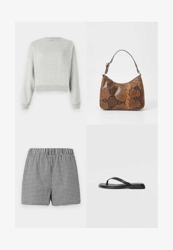 Grauer Sweatshirt aus weichem, strukturiertem Stoff. Mit Rundhalsausschnitt, langen Ärmeln und cropped Saum. Einfaches Design, keine Muster oder Akzente.; Schwarz-weiße karierte Shorts mit einem elastischen Bund und einer lockeren Passform. Aus leichtem Stoff gefertigt. Keine zusätzlichen Details oder Taschen.; Schwarze Flip-Flops aus glattem Leder, mit einem dünnen Riemendesign und einer flachen Sohle mit minimalem Profil. Keine bemerkenswerten Muster oder Akzente.; Kleine Handtasche mit braunem und schwarzem Schlangenledermuster, kurzem verstellbarem Tragegurt und Reißverschluss.