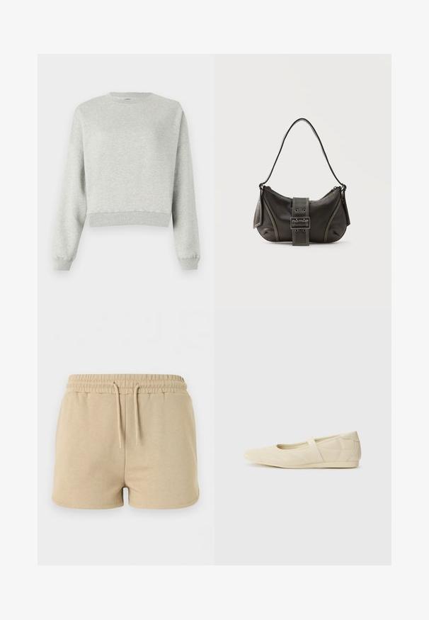 Grijze sweatshirt gemaakt van zacht, gestructureerd stof. Heeft een ronde halslijn, lange mouwen en een verkorte zoom. Eenvoudig ontwerp, geen patronen of accenten.; Beige katoenen short met elastische tailleband en voorstrik, ontworpen voor casual gebruik.; Beige ballerina's met een gladde leren buitenkant, amandelvormige punt en elastische band over de wreef, met subtiele stiksels.; Zwarte leren schoudertas met gespsluiting aan de riem, afgeronde hoeken en contrasterende witte stiksels op een effen achtergrond.