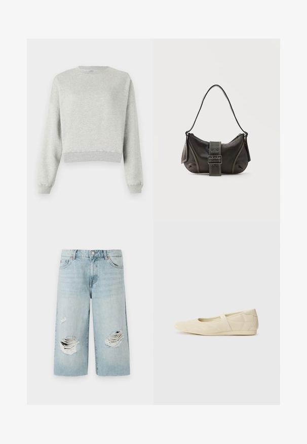 Grauer Sweatshirt aus weichem, strukturiertem Stoff. Mit Rundhalsausschnitt, langen Ärmeln und cropped Saum. Einfaches Design, keine Muster oder Akzente.; Helle blaue Denim-Shorts mit lockerer Passform, die vorne zwei große, ausgefranste Risse aufweisen. Fünf Taschen und ein sichtbarer Metallknopfverschluss.; Beige Ballerinas aus glattem Leder mit mandelförmiger Zehenpartie und elastischem Riemen über dem Fußrücken, ausgestattet mit dezenten Nähtelementen.; Schwarze Leder-Schultertasche mit Schnallengurt-Detail, abgerundeten Kanten und kontrastierenden weißen Nähten auf schlichtem Hintergrund.