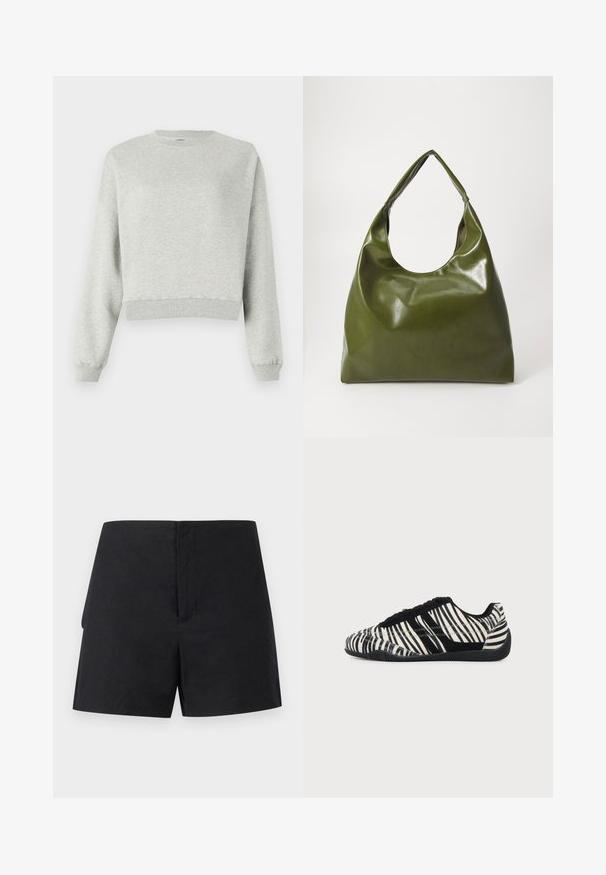Grauer Sweatshirt aus weichem, strukturiertem Stoff. Mit Rundhalsausschnitt, langen Ärmeln und cropped Saum. Einfaches Design, keine Muster oder Akzente.; Schwarze Shorts mit hohem Bund, einem breiten Taillenband und geraden Beinöffnungen, vor weißem Hintergrund präsentiert.; Even&Odd Sneaker low - zebra; Grüne Leder-Hobo-Tasche mit einem lässigen Design, gebogenem Griff und glatter Textur. Enthält keine sichtbaren Beschläge oder Akzente.