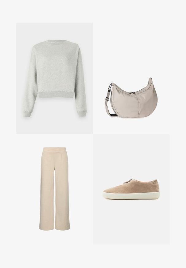 Grauer Sweatshirt aus weichem, strukturiertem Stoff. Mit Rundhalsausschnitt, langen Ärmeln und cropped Saum. Einfaches Design, keine Muster oder Akzente.; Beige weite Hosen mit einer weichen Textur, elastischem Bund und zwei vorderen Falten. Keine sichtbaren Taschen oder Hardware-Details.; Beiger Wildleder-Slipper mit weißer Gummisohle und elastischer Fersenkappe, auf weißem Hintergrund dargestellt.; Beige, lässige Tasche aus weichem Material mit einer geschwungenen Form. Sie verfügt über einen Reißverschluss und einen verstellbaren Riemen mit schwarzen Hardware-Akzenten.