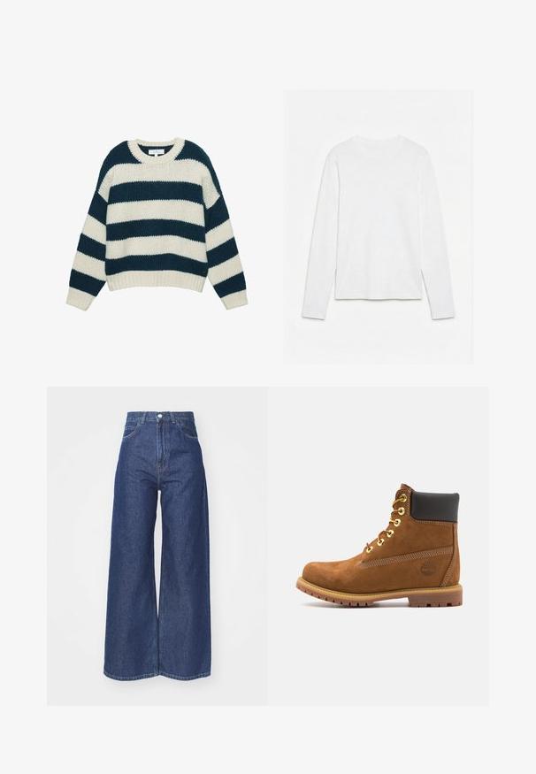 Pull en tricot avec rayures horizontales bleu marine et crème, col rond, poignets et ourlet côtelés. Confectionné dans un tissu doux et texturé.; T-shirt blanc uni à manches longues et col rond, posé à plat sur une surface blanche, montrant l'avant et la longueur complète des manches.; Jean large en denim bleu foncé. Conception taille haute avec fermeture éclair et bouton. Présente une coupe classique à cinq poches et des bords ourlés.; Bottine en suede marron avec col rembourré noir, œillets en or, devant à lacets et semelle en caoutchouc avec un motif texturé.