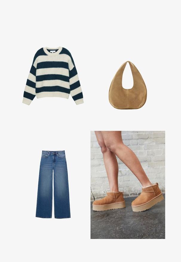 Pull en tricot avec rayures horizontales bleu marine et crème, col rond, poignets et ourlet côtelés. Confectionné dans un tissu doux et texturé.; Jean en denim à jambes larges, de couleur bleu moyen, avec une taille haute, un design à cinq poches et des détails cousus le long des coutures.; Bottines en suède marron avec une doublure en peluche, semelle épaisse en beige et une poignée à l'arrière. Surface texturée avec des détails de couture visibles.; Sac hobo en daim couleur camel avec un corps large et arrondi et une seule anse plate, présenté sur fond blanc uni.