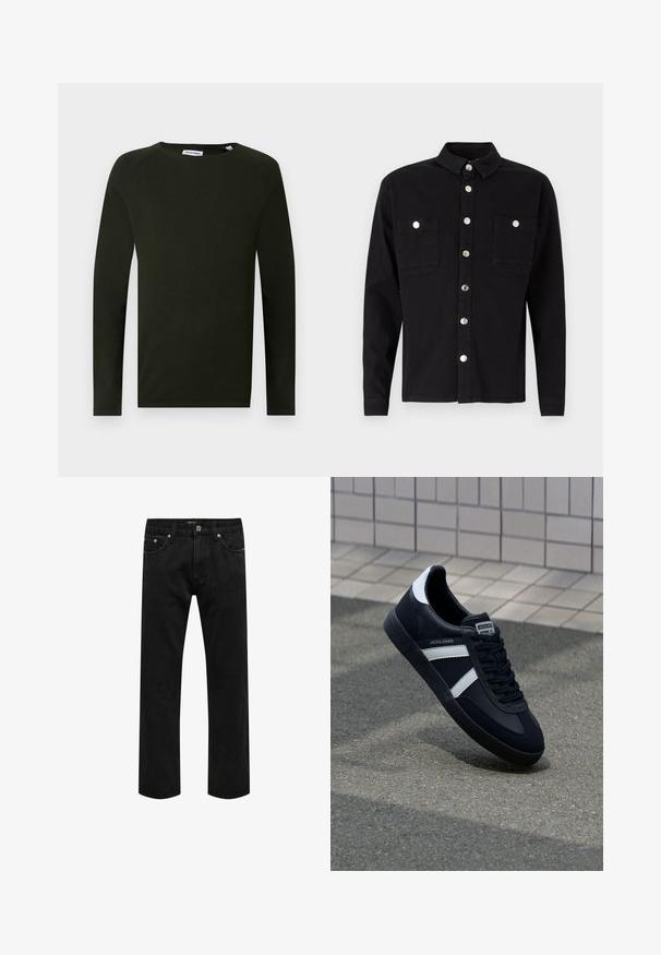 Camiseta de punto de manga larga en verde oscuro con escote redondo, que presenta un tejido texturizado y puños ajustados. Etiqueta visible en el cuello.; Denim Project DPMDPLOOSE OVERSIZED DENIM SHIRT - Camisa - black washed; Jeans de denim negros de pierna recta con diseño clásico de cinco bolsillos y cierre de botón en la cintura, mostrados planos sobre un fondo blanco.; Zapatilla de cuero negra con rayas blancas, suela de goma texturizada y parte frontal con cordones. Cuenta con una etiqueta de marca en la lengüeta.