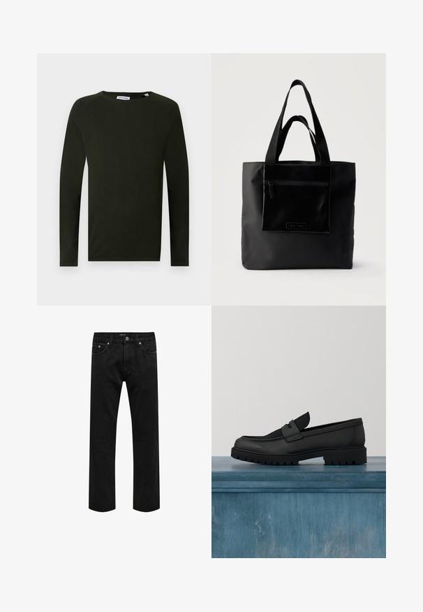 Mørkegrøn langærmet striktrøje med rund hals, der har en tekstureret overflade og tætsiddende manchetter. Etiket synlig ved halsen.; Sorte denimjeans med lige ben, klassisk fem-lomme design og knaplukning ved taljen, vist fladt på en hvid baggrund.; Sort lædersko uden snørebånd med en tekstureret stofdetalje, en robust gummisål og en glat finish. Har diskrete syningsdetaljer.; Sort tote-taske med lynlåslomme foran og to håndtag, sat mod en ensfarvet lys baggrund.
