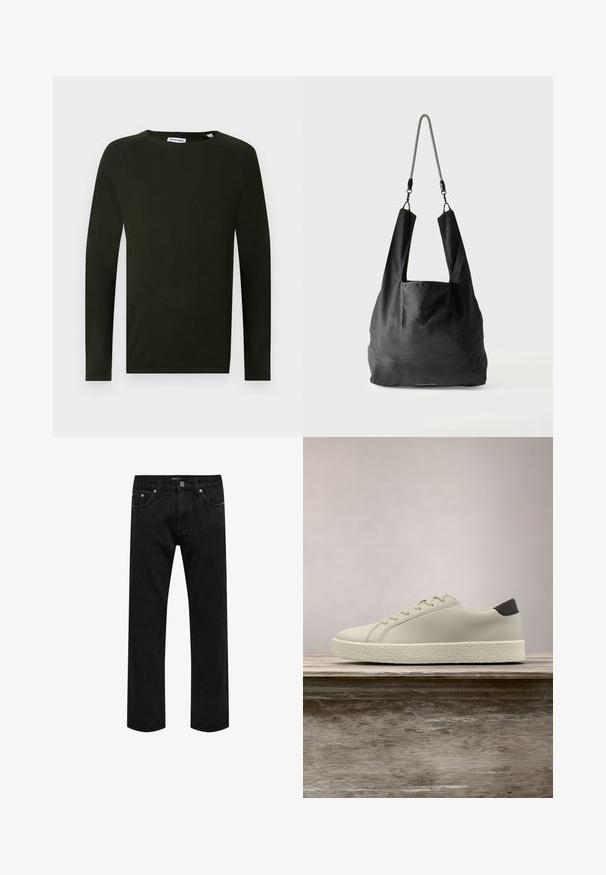 Chemise en tricot à manches longues vert foncé avec un col rond, présentant un tissu texturé et des poignets ajustés. Étiquette visible au niveau du col.; Jean en denim noir à jambes droites avec un design classique à cinq poches et une fermeture par bouton à la taille, présenté à plat sur un fond blanc.; Baskets blanches avec semelle texturée et détail noir au talon, flottant au-dessus d'un banc en bois avec de hautes herbes vertes en arrière-plan.; Sac fourre-tout en tissu noir doux avec de larges anses et une fine bandoulière tressée noire et blanche.